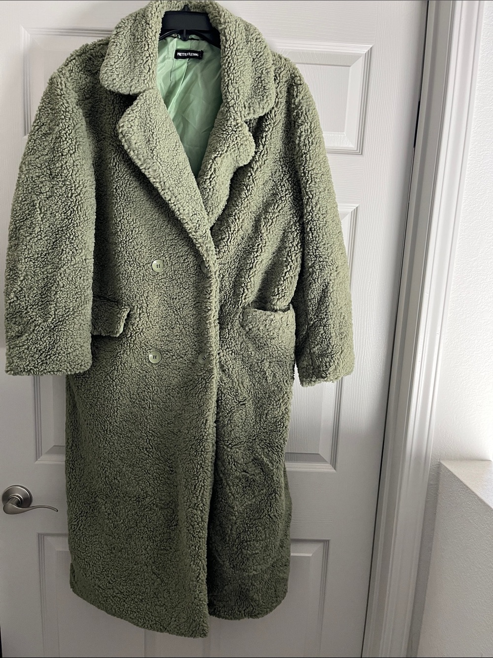 PrettyLittleThing Olive Green Teddy Long Coat